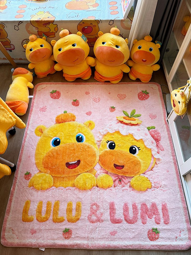 Lulu and Lumi plush toys gathered around a pink Lulu and Lumi character rug