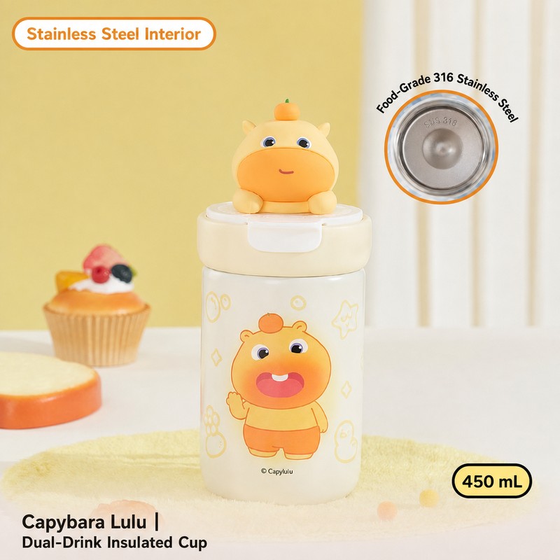 Officially Licensed Capybara Lulu Dual-Drink Insulated Bottle, 450 mL