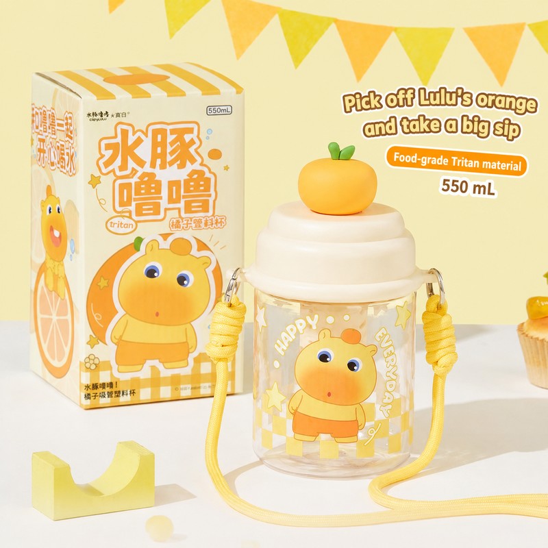 Officially Licensed Capybara Lulu Orange Tritan Straw Water Bottle, 550 ml